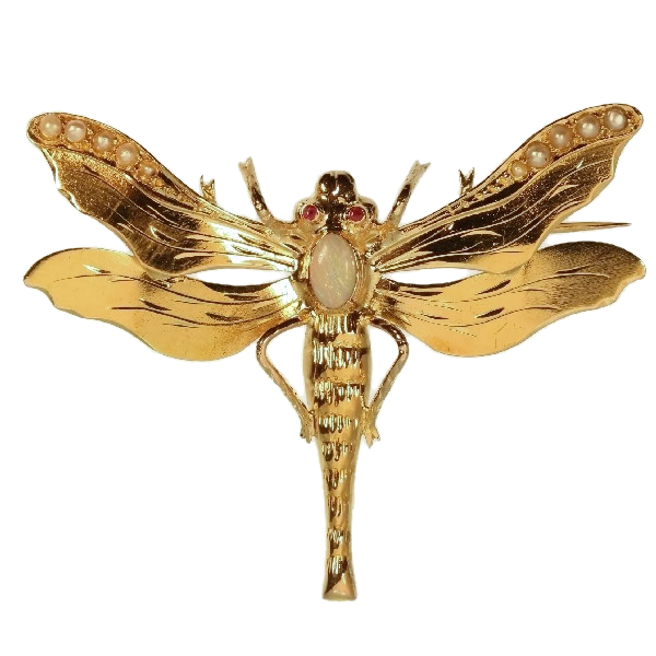 Victorian yellow gold dragonfly brooch with rubies, pearls and opal